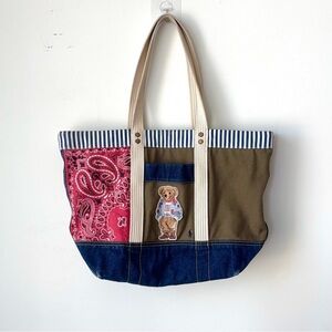 Polo Ralph Lauren Patchwork Polo Bear Tote Bag Ecru Multi Striped Denim Bandana